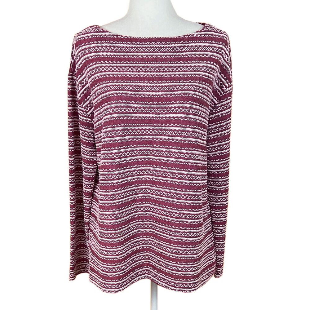 J Jill Boat Neck Knit Tunic Top Size L Brick Red White Embroidered Long Sleeves